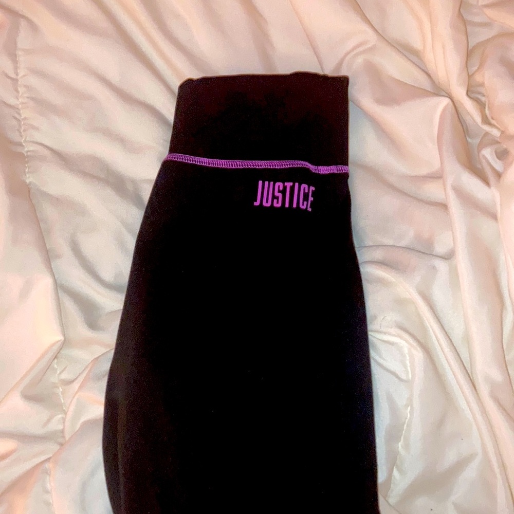 Justice leggings, black AND pink, size 12. Mostly polyester.